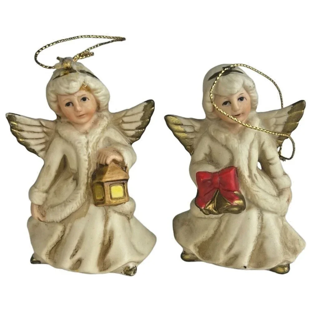 6 Homco Angel Tree Ornaments Complete Set Bisque Porcelain Made in‎ Taiwan VTG